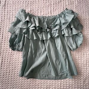 Easel Layered Ruffle Off-Shoulder Top in Sage